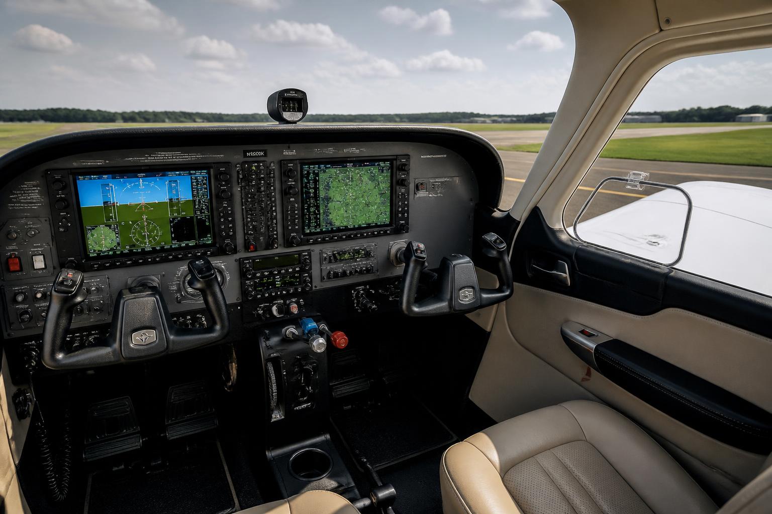 Spotless aircraft cockpit with clean glass instrument panel